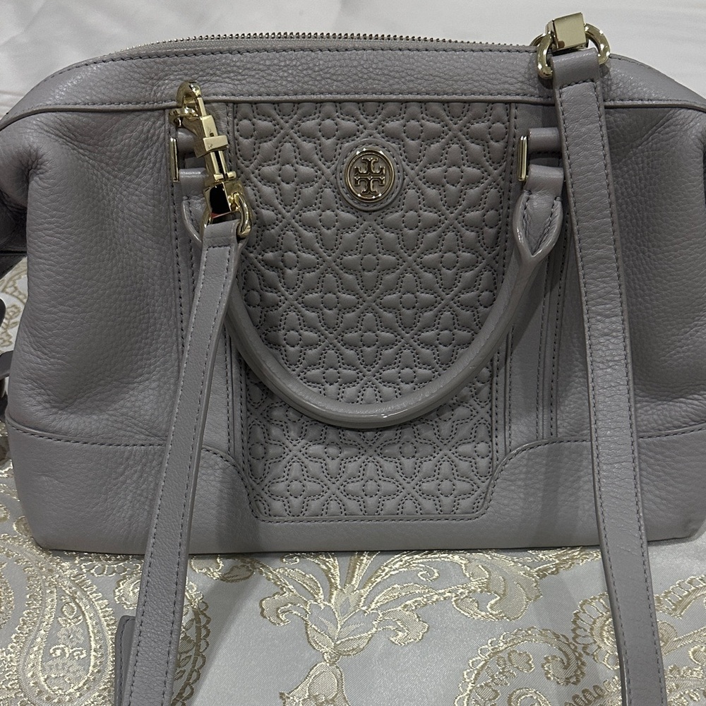 Tory Burch Quilted Leather Satchel in Gray